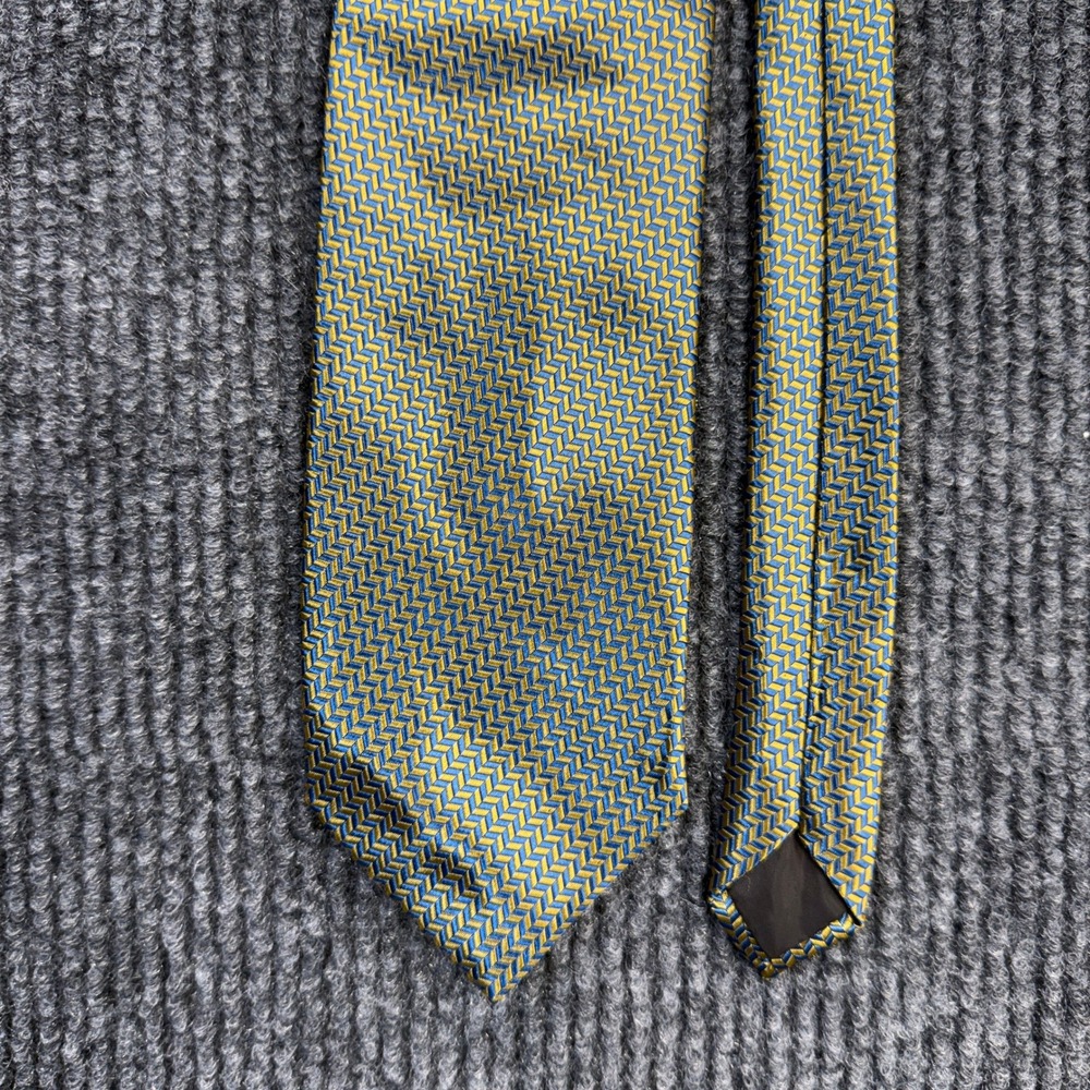 Continent England Handmade Silk Tie Gold Blue Geometric Chevron Mens Necktie